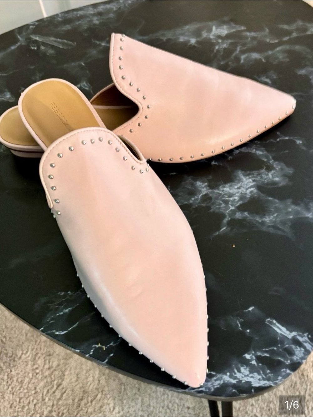 Rebecca Minkoff Blush Pink Pointed Slip-On Mules with Silver Studs NWOT